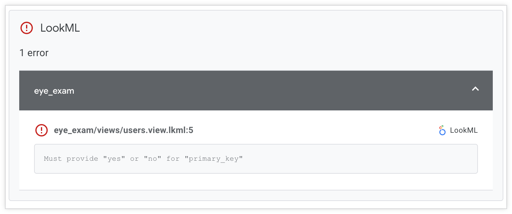 Página de resultados de la integración continua que muestra los resultados de LookML Validator