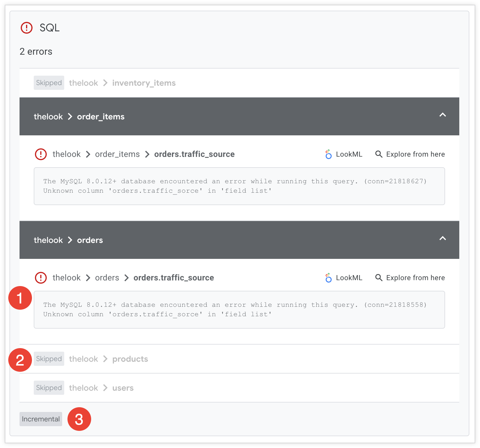 Página de resultados de ejecuciones de integración continua que muestra los resultados de una ejecución incremental de SQL Validator