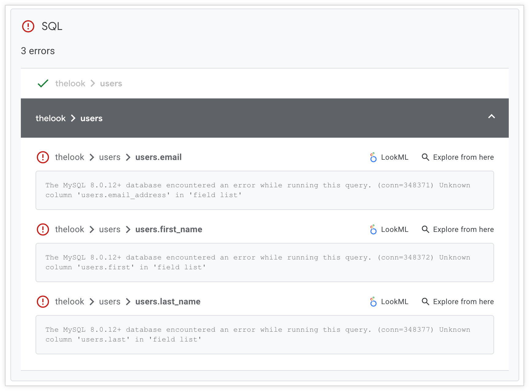 SQL バリデータの検出結果を示す継続的インテグレーションの結果ページ