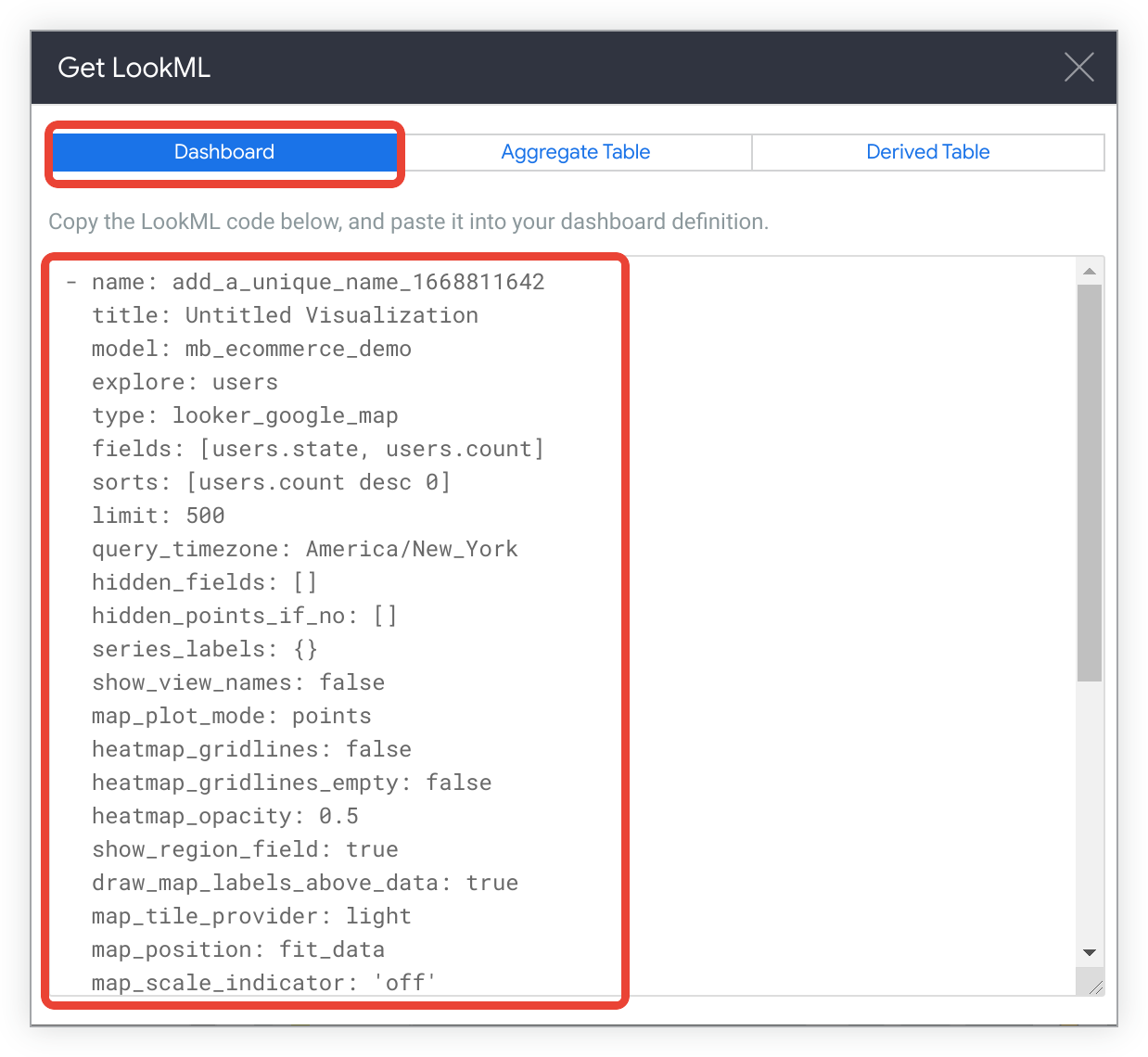 Oben im Fenster „LookML abrufen“ finden Sie die Tabs „Dashboard“, „Aggregierte Tabelle“ und „LookML für abgeleitete Tabelle“.