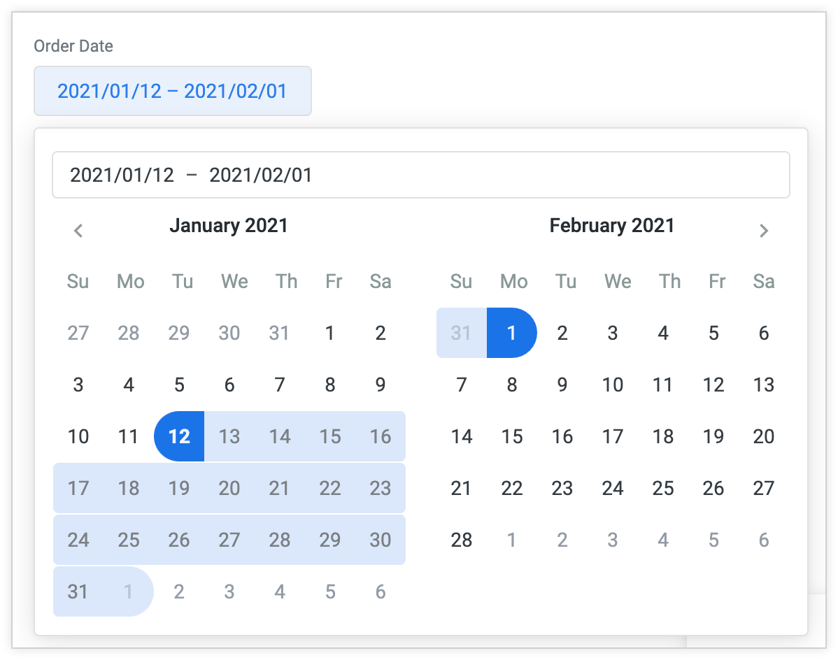 Os controles de período aparecem inicialmente como um período, mas podem ser selecionados para revelar uma agenda de dois meses. As datas no calendário podem ser selecionadas para atualizar o valor do filtro.