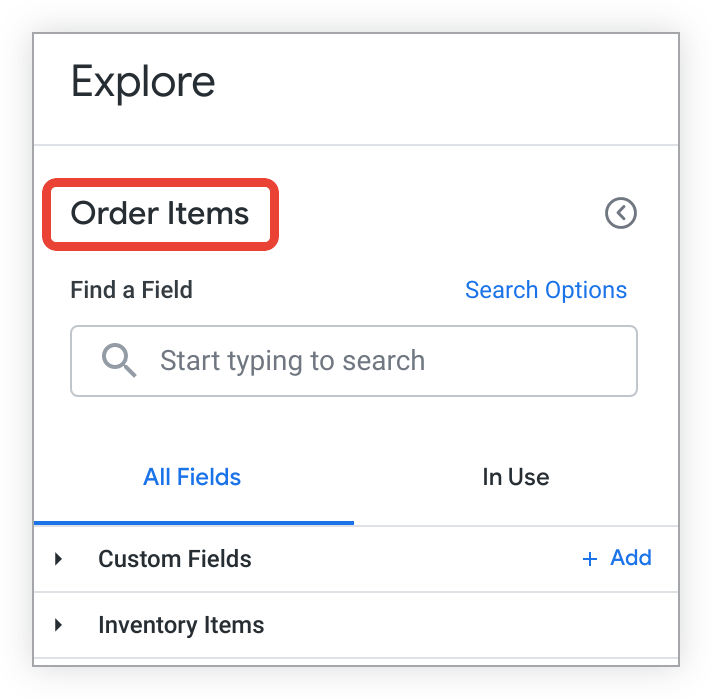 Uma Análise com o rótulo &quot;Informações do item do pedido&quot; no menu &quot;Análise&quot; e no seletor de campo.