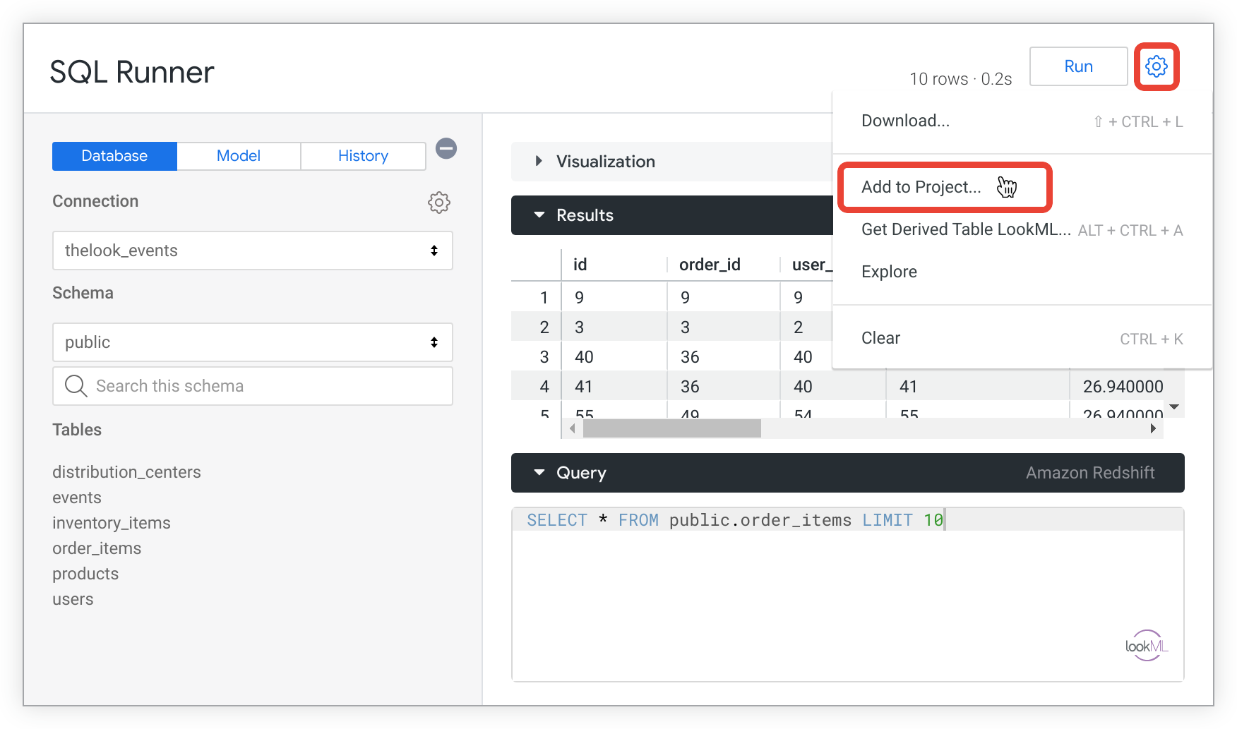 開啟 SQL Runner 頁面，齒輪選單已開啟，且「Add to Project」連結已醒目顯示。