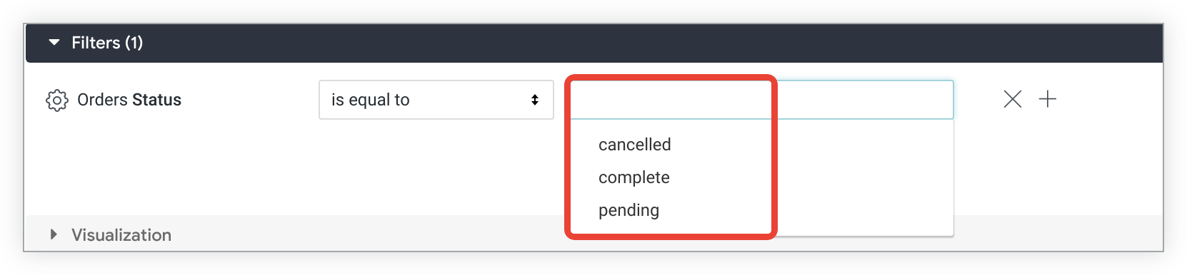 Saran filter muncul di menu drop-down yang ditampilkan saat pengguna memilih kolom nilai filter.