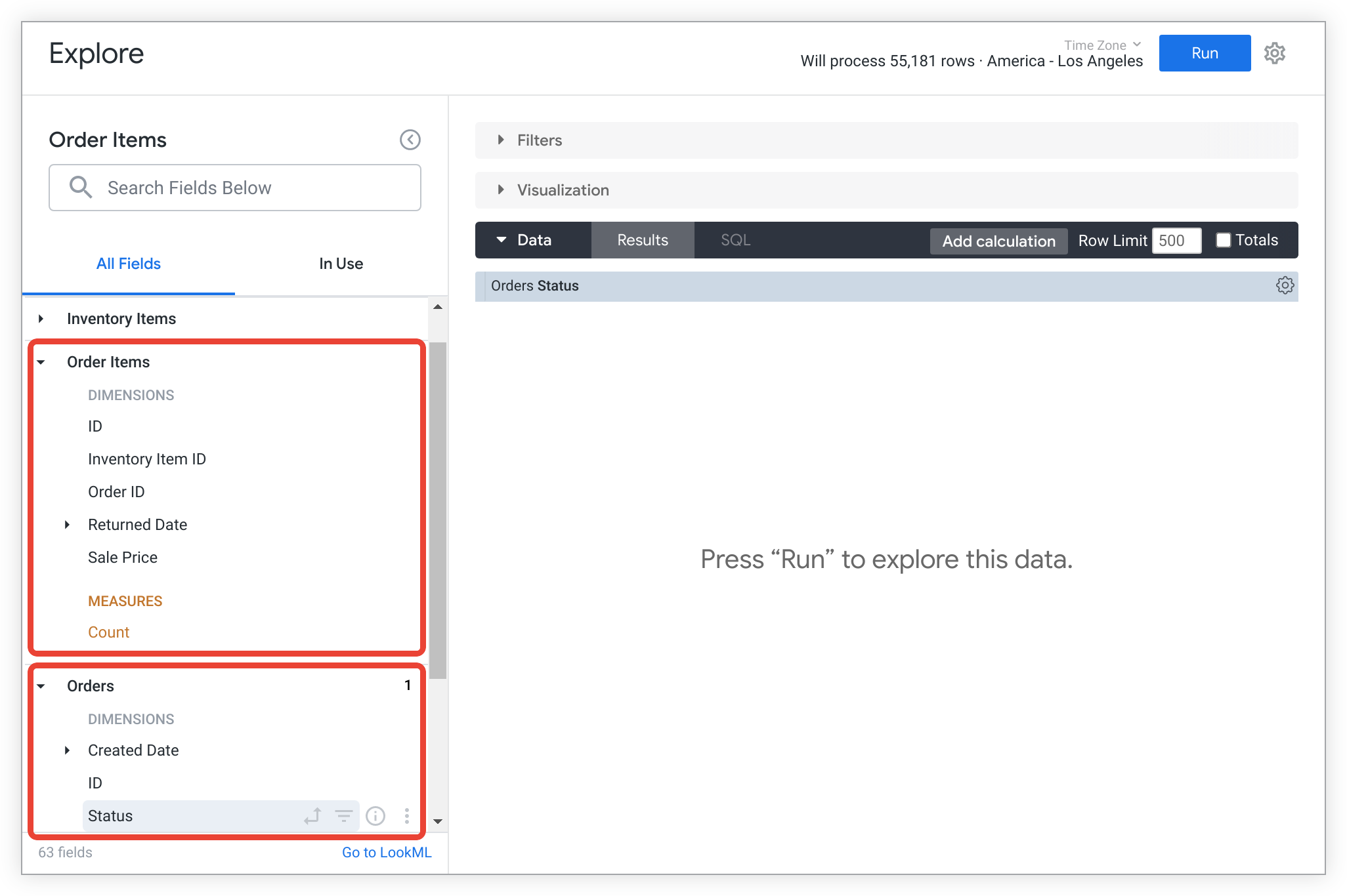 The Order Items Explore includes the fields from the Order Items view and the fields from the joined Orders view.