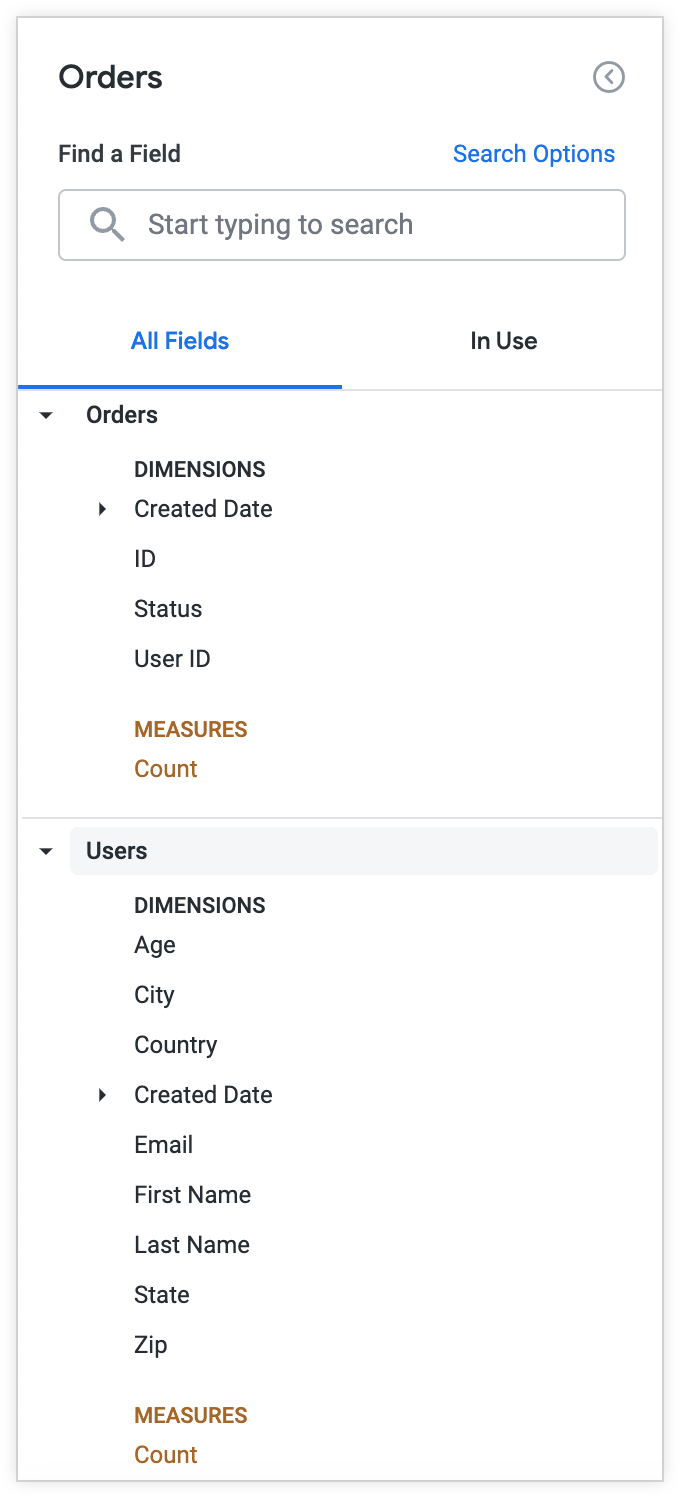 O seletor de campo da visualização "Pedidos" inclui todos os campos da visualização "Pedidos" e "Usuários", inclusive aqueles que você quer omitir.