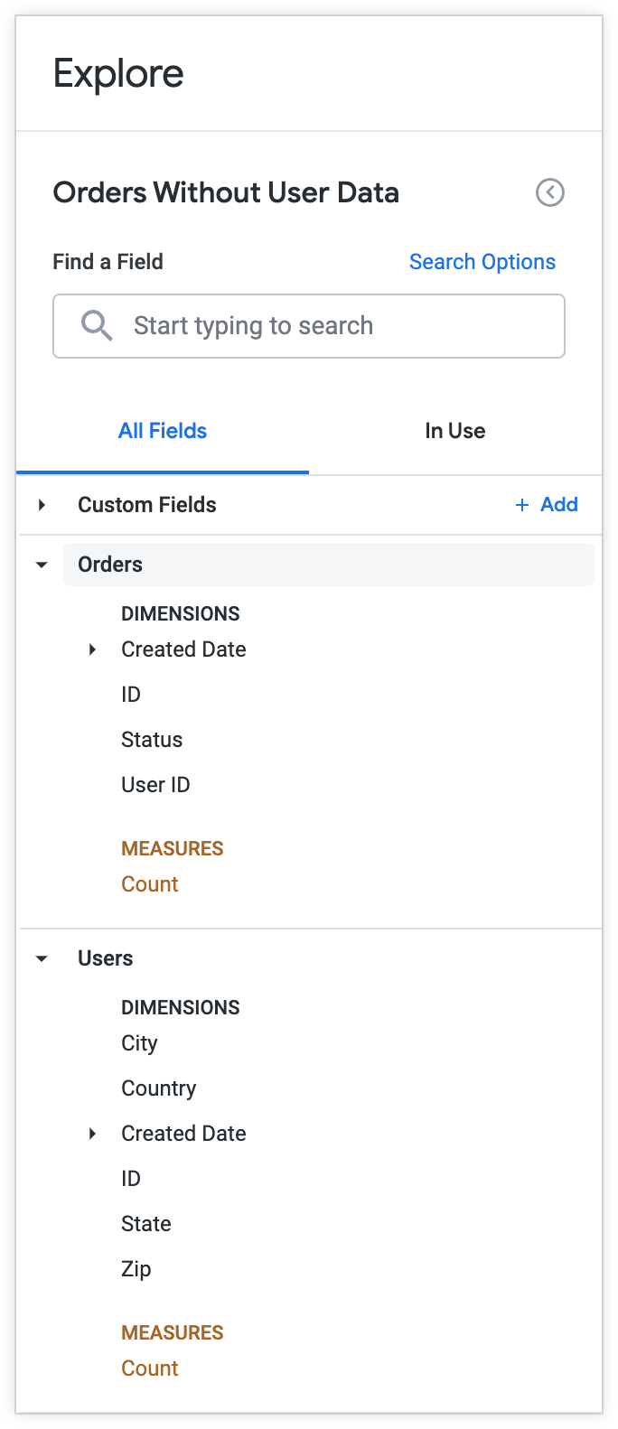 Jelajah Pesanan Tanpa Data Pengguna mengecualikan kolom Nama Depan, Nama Belakang, Email, Usia, dan Gender dari pemilih kolom Jelajahi.