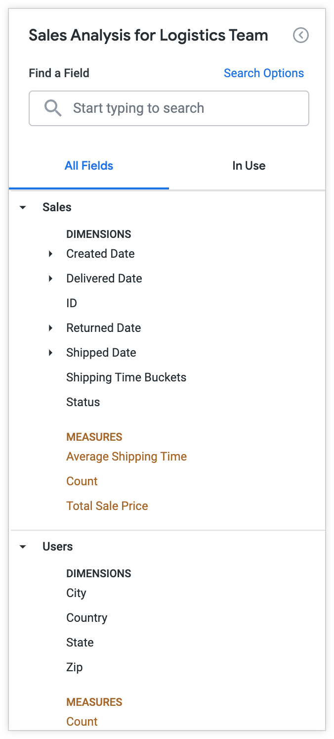 En la sección Explorar del equipo de Logística, ahora se muestran los nuevos campos Buckets de tiempo de envío y Tiempo de envío promedio, junto con otros campos de envío y ubicación del usuario.