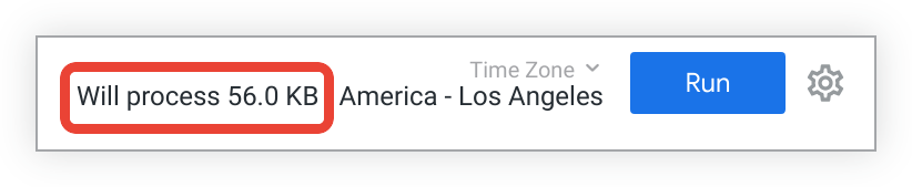 Il testo Verranno elaborati 56,0 KB accanto al fuso orario della query sotto il pulsante Esegui dell&#39;esplorazione.