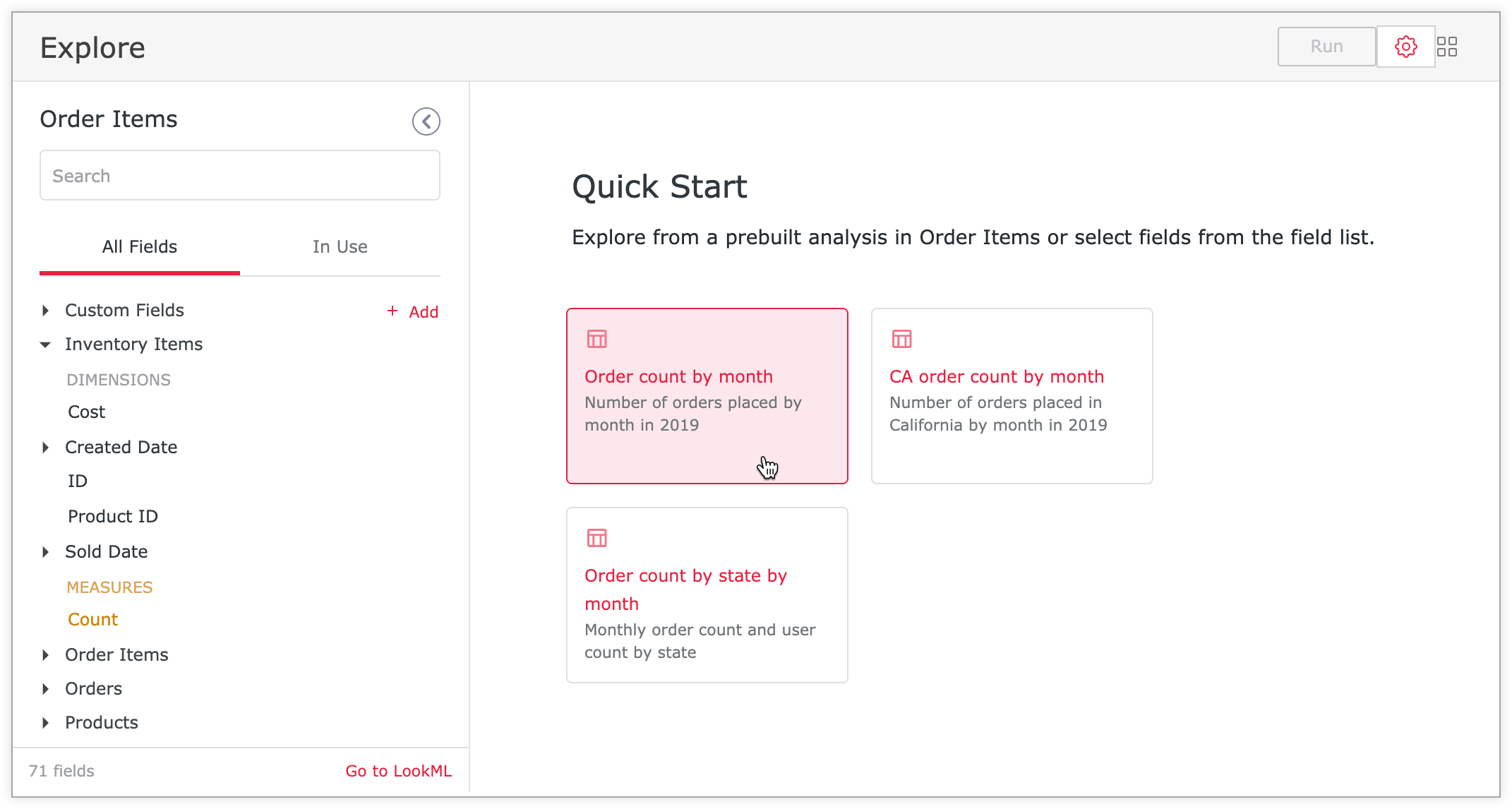 An embedded Explore with the color #e82042 applied to the Add button, Go to LookML button, gear menu button, and the titles of Quick Start analyses.