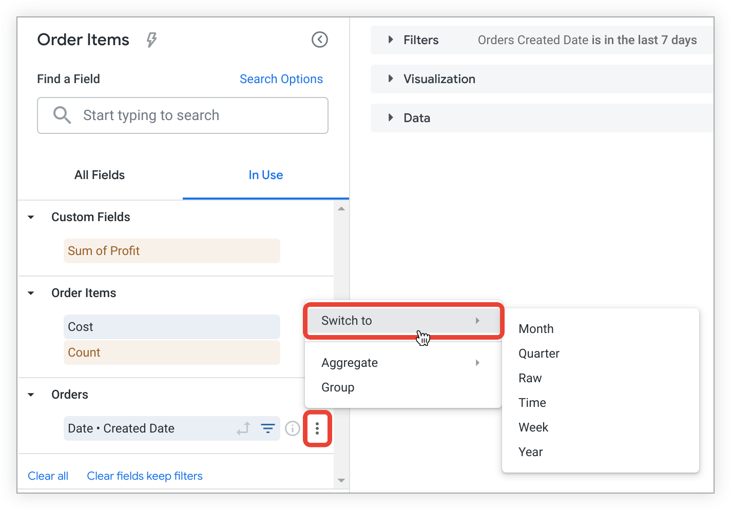 Passa al menu per la data di creazione degli ordini che mostra le opzioni relative all&#39;intervallo di tempo Mese, Trimestre, Settimana, Ora e Anno.