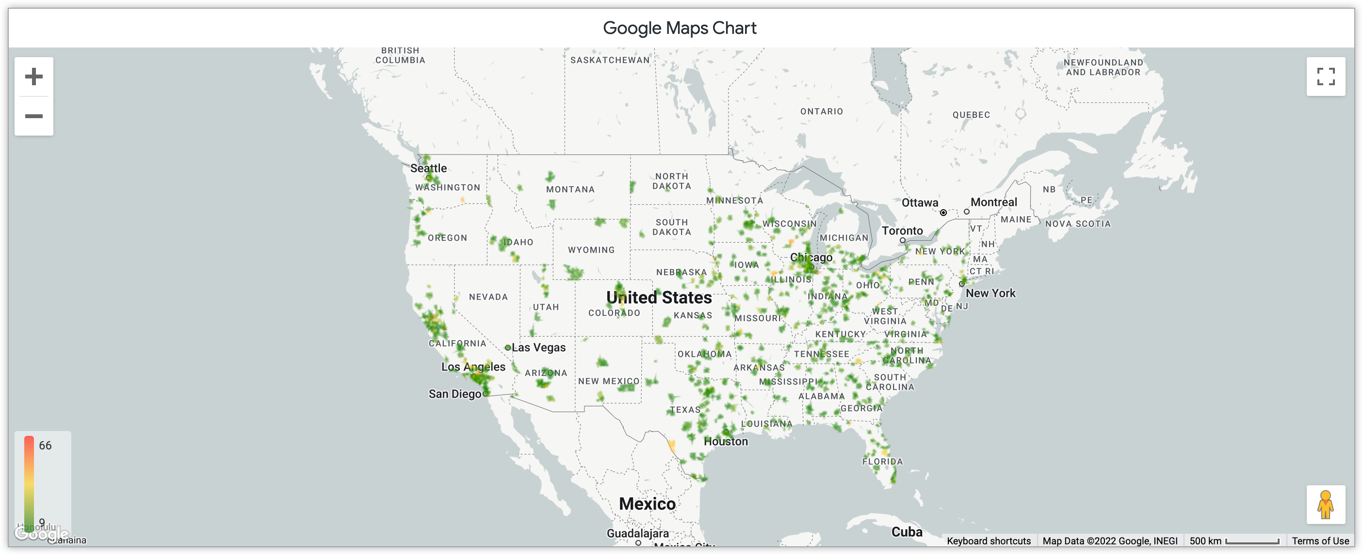 Diagram Google Maps peta panas yang menampilkan jumlah produk yang terjual per bulan dalam kode pos di Amerika Serikat.