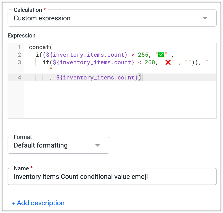 Pop-up penghitungan tabel dengan penghitungan tabel yang menentukan bahwa emoji tanda centang hijau muncul saat nilai Jumlah Item Inventaris lebih besar dari 255, dan emoji x merah muncul saat nilai Jumlah Item Inventaris kurang dari 260.