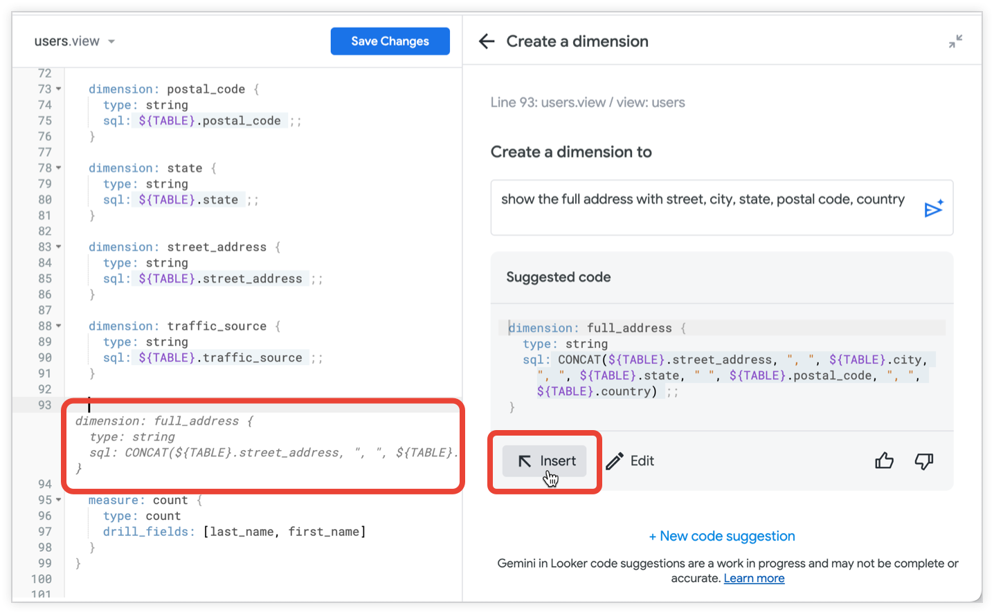 Gemini showing a preview of the code placement when the cursor is hovered over the Insert button.