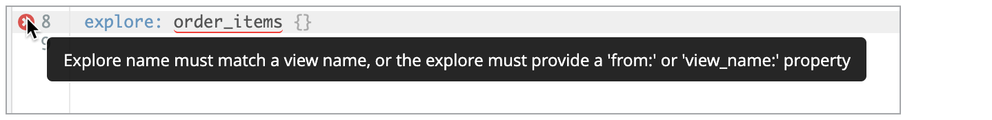 Example of a warning with text stating that the Explore must match a view name, or that the Explore must have a from or view_name property.