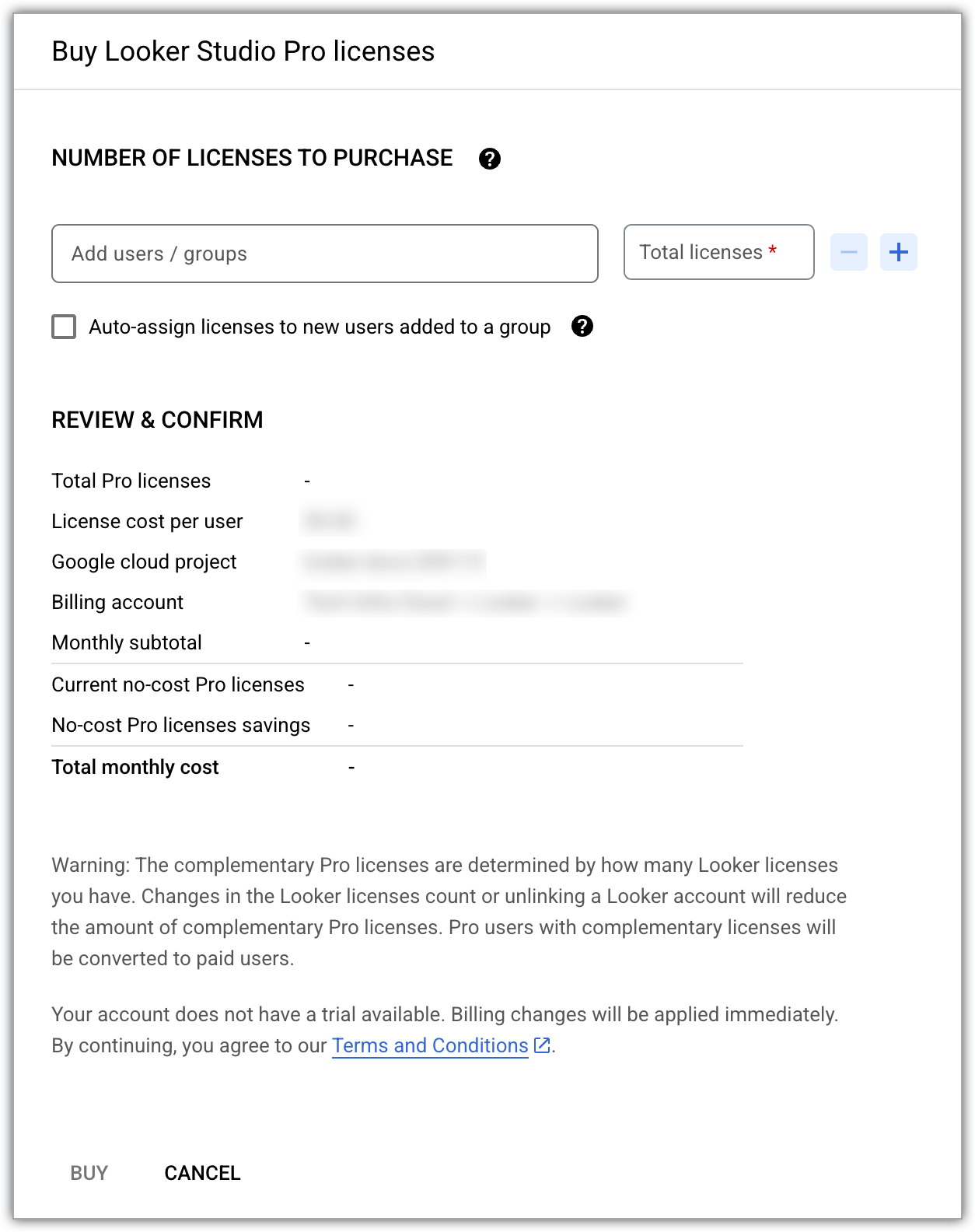Panel para comprar licencias de Looker Studio Pro