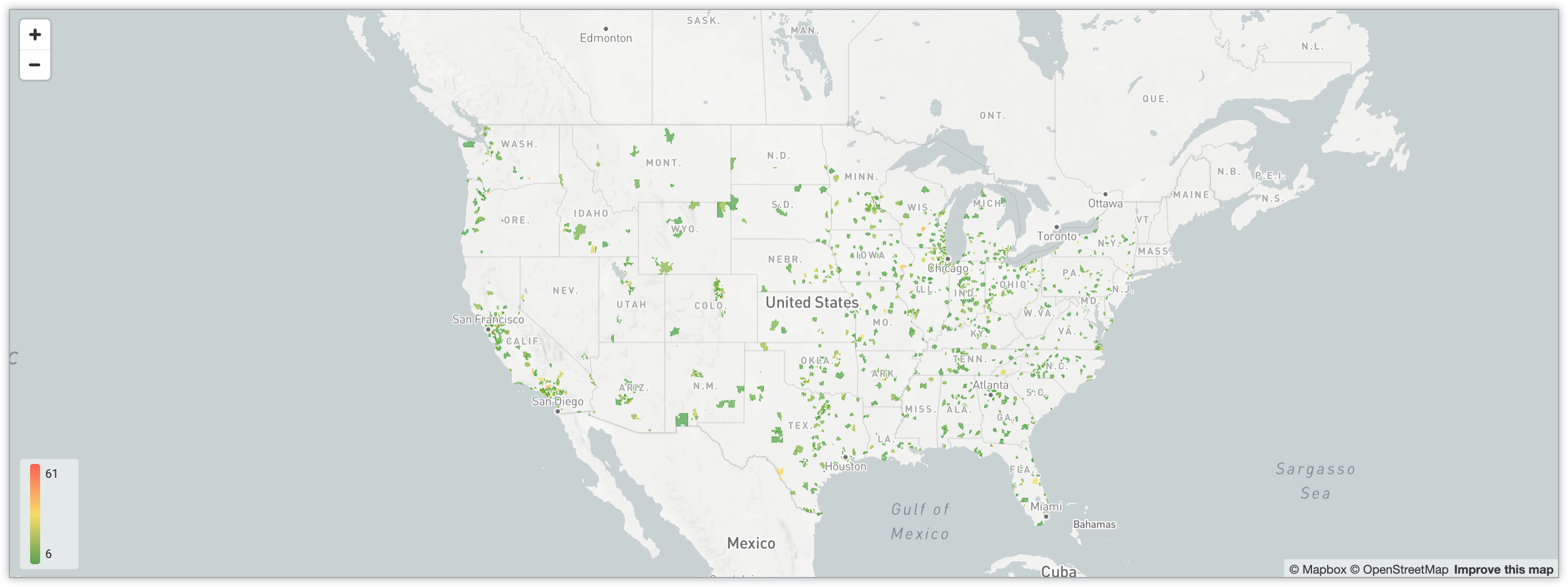 Peta interaktif yang menampilkan jumlah pengguna di seluruh kode pos di Amerika Serikat melalui sistem kode warna gradien.