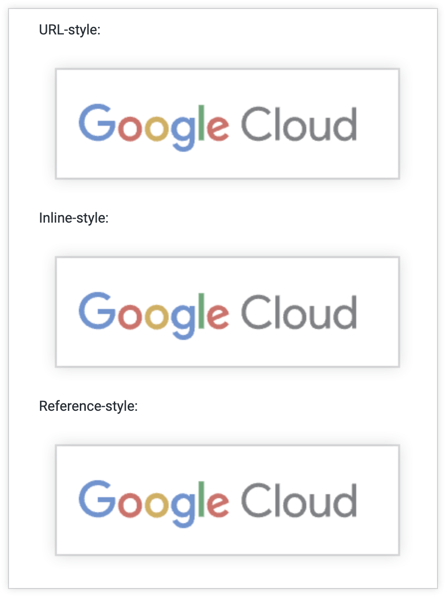 文本功能块以三种方式显示 Google Cloud 徽标。