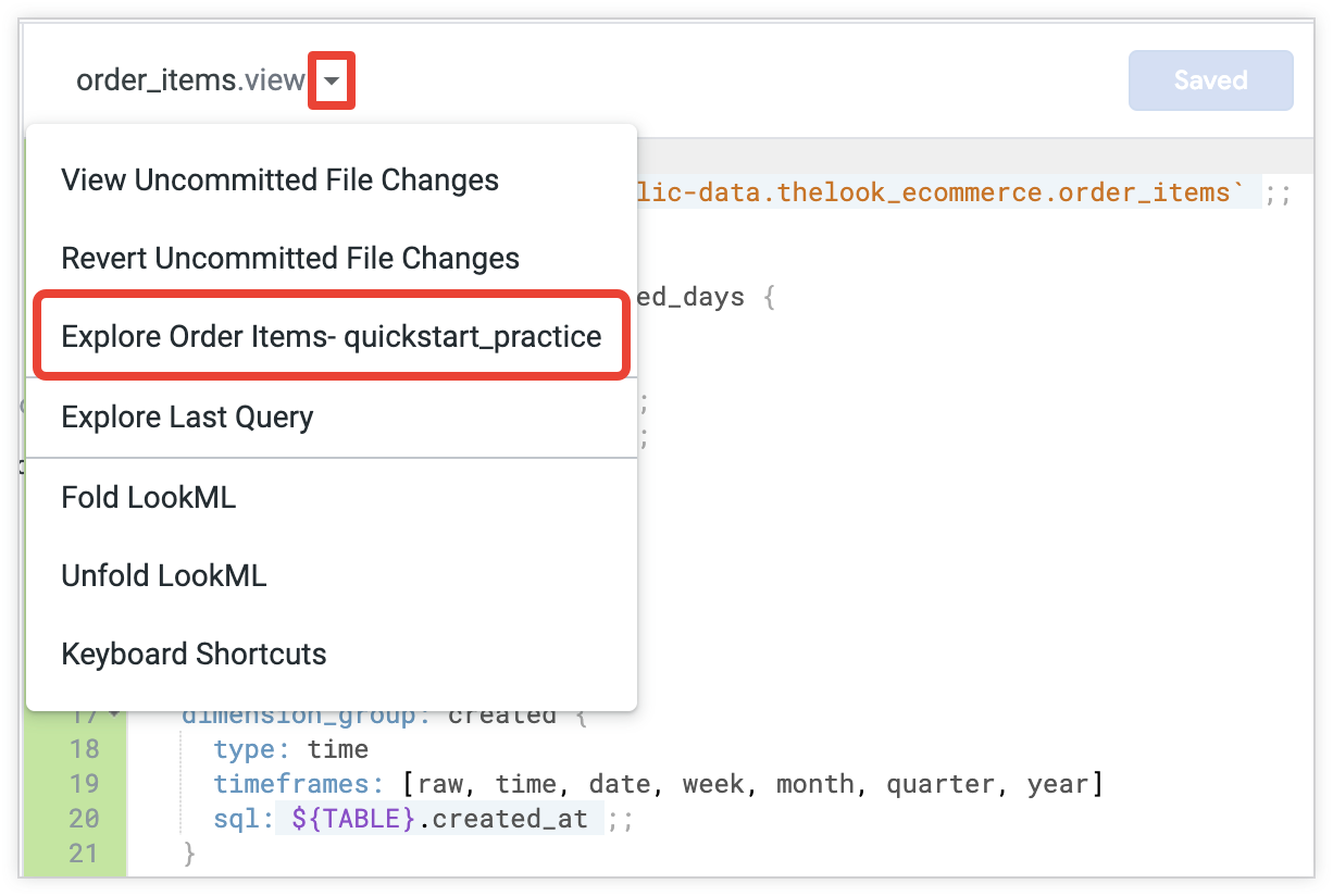 「See file actions」選單，已選取「Explore Order Items - quickstart_practice」選項。
