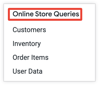 Análises listadas no rótulo do grupo &quot;Consultas da loja on-line&quot; no menu &quot;Explorar&quot;.