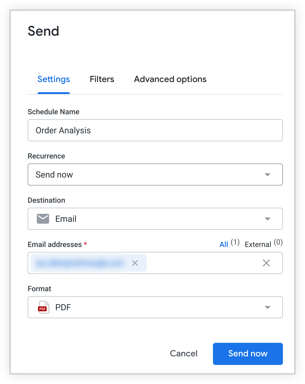 La ventana de programación y envío que muestra opciones para personalizar el nombre, la recurrencia, el destino y el formato de la entrega de un panel.