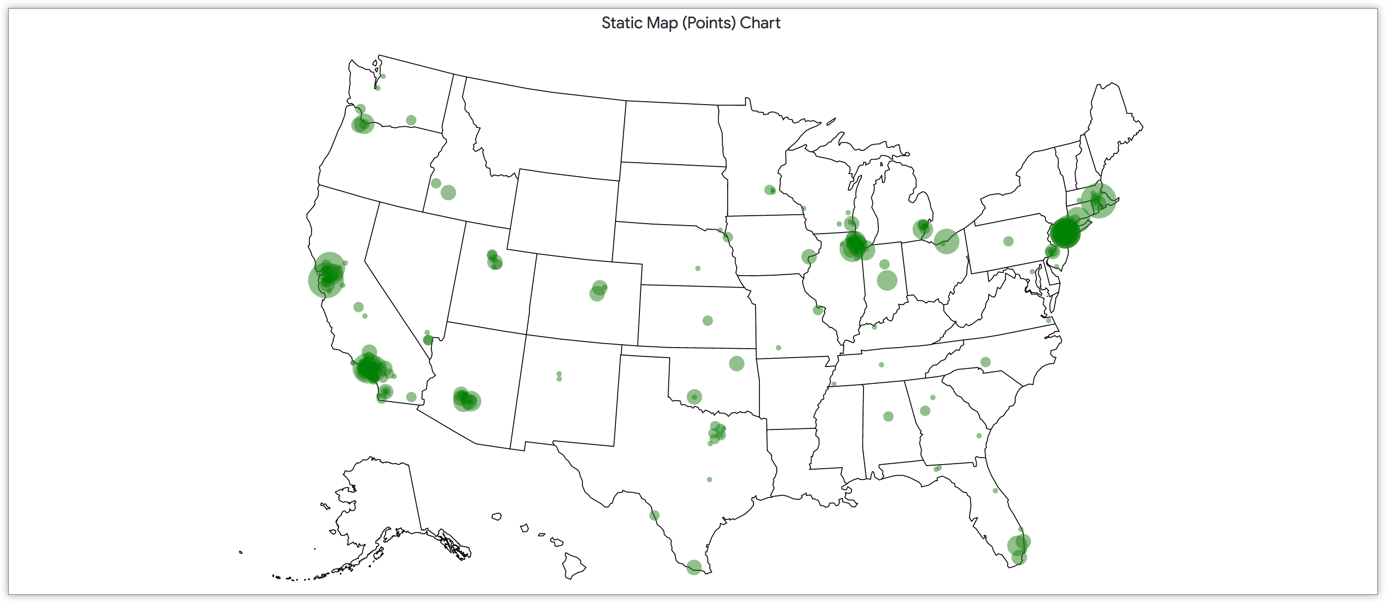 Diagram peta statis dengan titik yang ukurannya diukur menurut jumlah pelanggan dalam kode pos di seluruh Amerika Serikat.