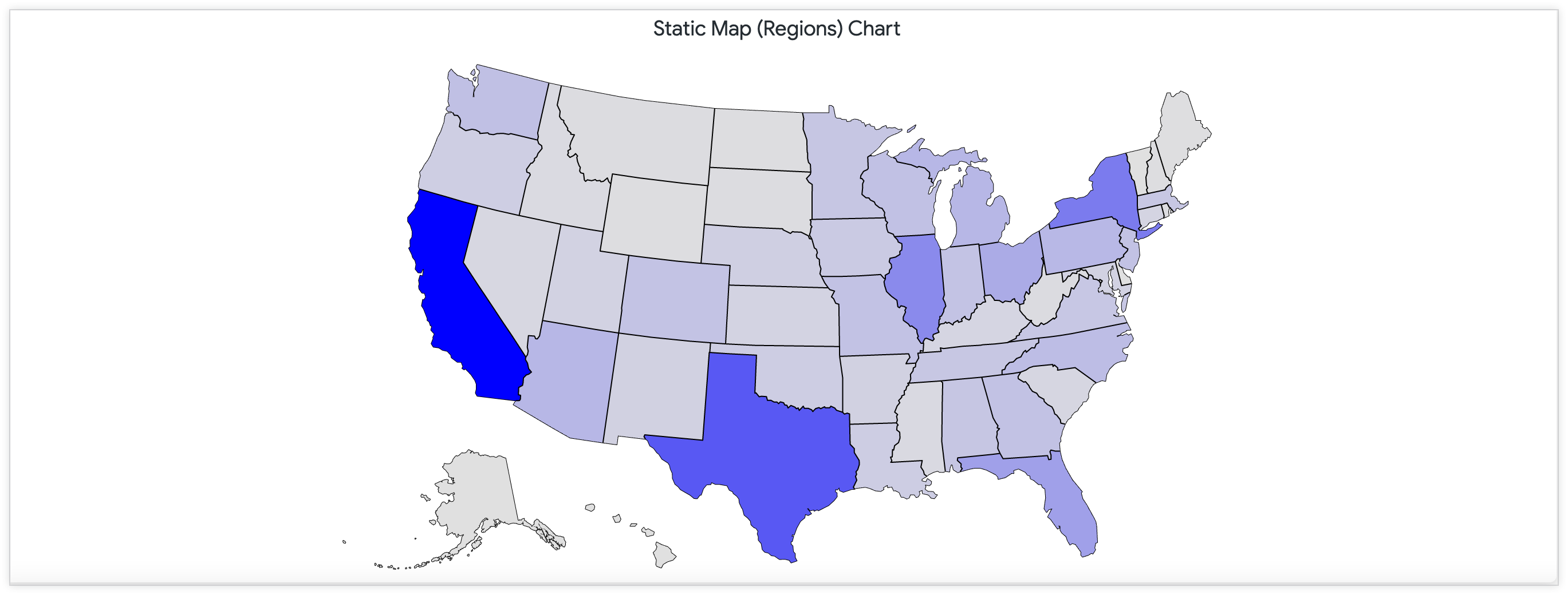 Peta statis yang menampilkan jumlah lokasi toko di Amerika Serikat melalui palet warna kontinu.