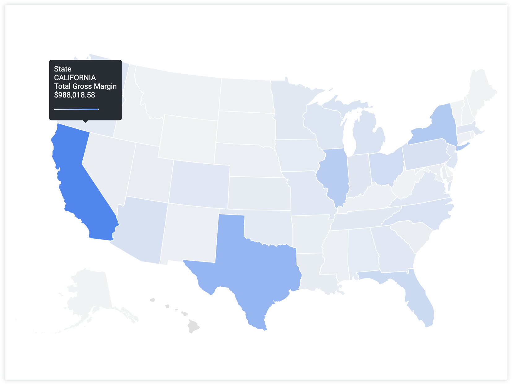 Lorsqu&#39;un utilisateur pointe sur &quot;Californie&quot;, une info-bulle s&#39;affiche avec la valeur &quot;État&quot; &quot;Californie&quot; et la valeur &quot;Marge brute totale&quot; 988 018,58 $.