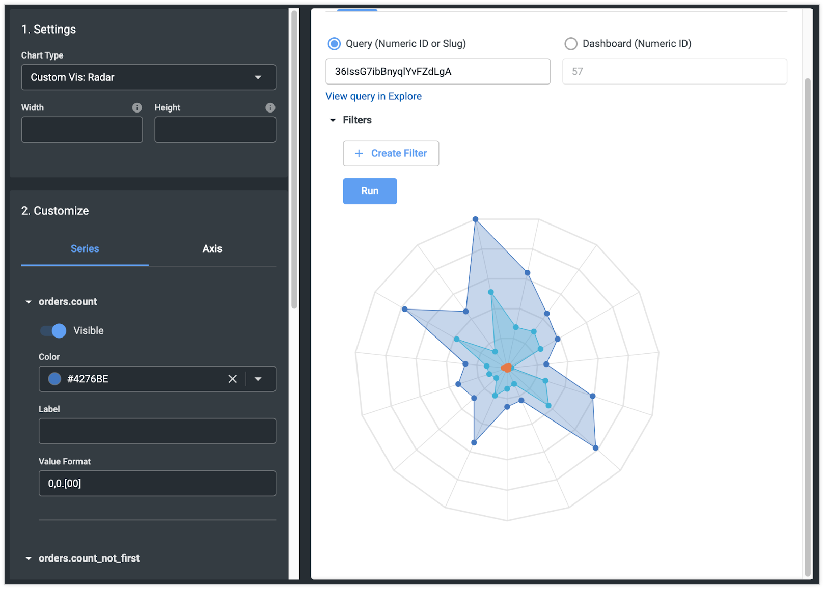 Una mappa radar viene visualizzata nell'area di visualizzazione della visualizzazione.