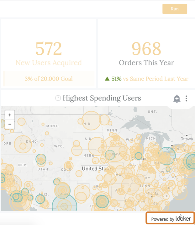 Screenshot iFrame yang menampilkan dasbor Looker tersemat. Ada footer yang bertuliskan 'Didukung oleh Looker'.