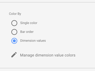 Bagian Warna Menurut untuk diagram batang menampilkan opsi warna Warna Tunggal, Urutan batang, dan Nilai dimensi.