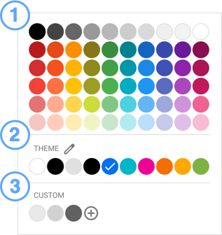 Sélecteur de couleurs affichant la palette, la palette de thème et la palette de couleurs personnalisée.