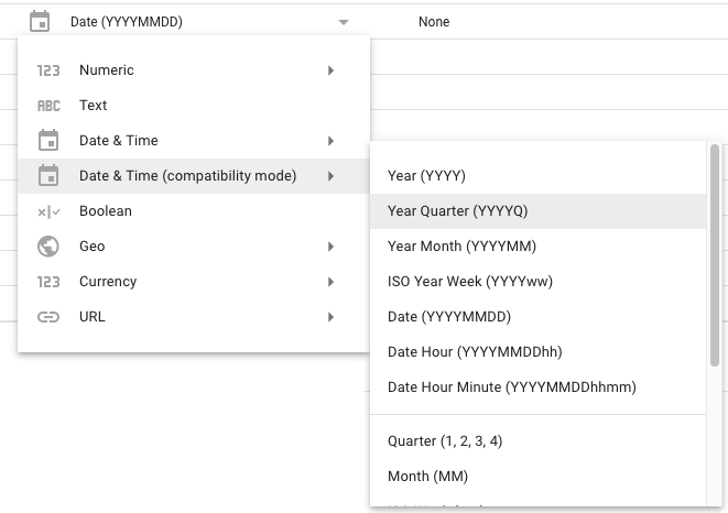 Les options du type de date et d&#39;heure en mode de compatibilité du panneau &quot;Modifier la connexion&quot; incluent des périodes telles que l&#39;année (AAAA), le trimestre et l&#39;année (AAAAT) et l&#39;année et le mois (AAAAM), entre autres.