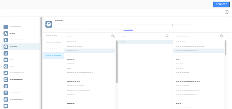 BigQuery 連線的「選取連接器」面板會顯示「專案」、「帳單專案」、「資料集」和「可用資料表」的選項。