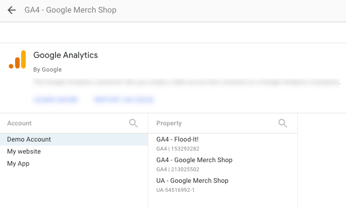 Google Analytics 連接器設定頁面。系統選取 Google Analytics 示範帳戶，並在資源清單中顯示該帳戶的三個資源。
