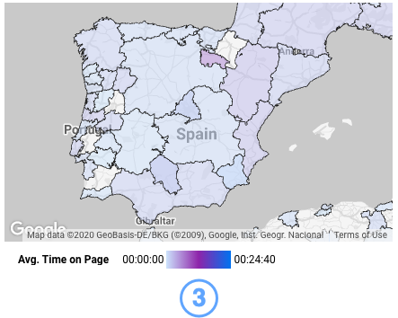 Une carte choroplèthe d&#39;Espagne et du Portugal avec une légende des couleurs affiche un dégradé allant du violet au bleu en fonction des valeurs de la métrique &quot;Temps moyen passé sur la page&quot;, qui sont comprises entre 00:00:00 et 00:24:40.