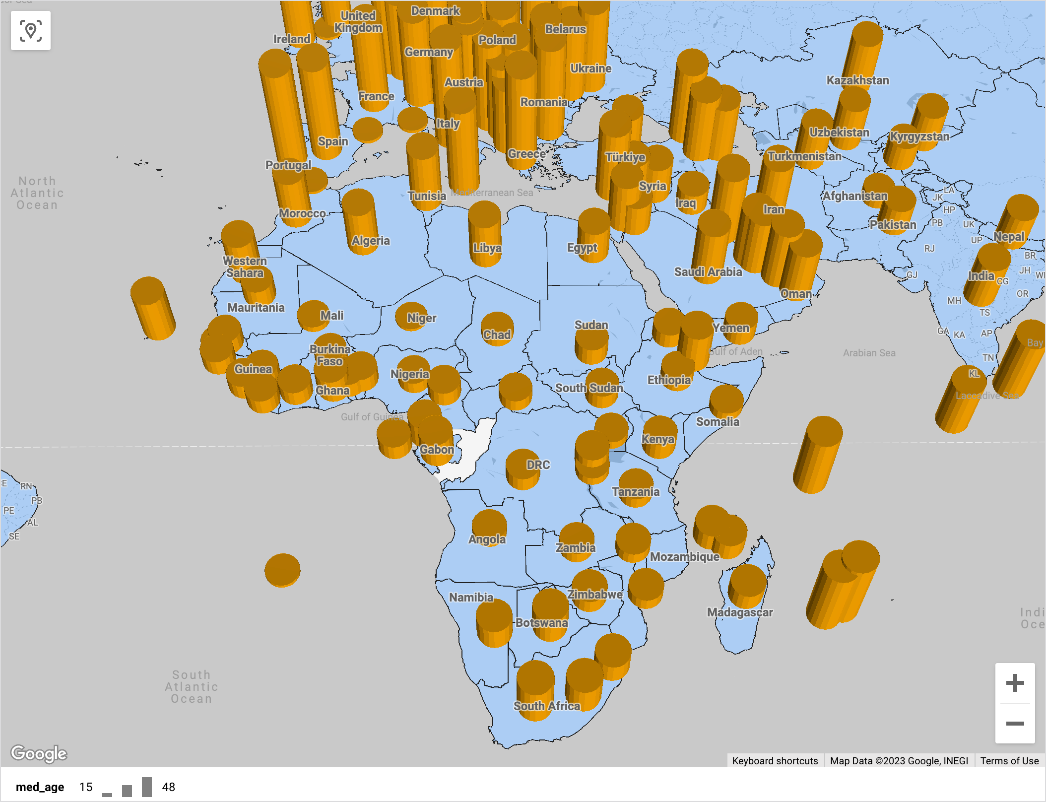 Carte choroplèthe des pays africains avec des cylindres indiquant l&#39;âge médian de la population. La perspective de la carte est inclinée pour indiquer l&#39;échelle relative des âges d&#39;après la hauteur des cylindres.