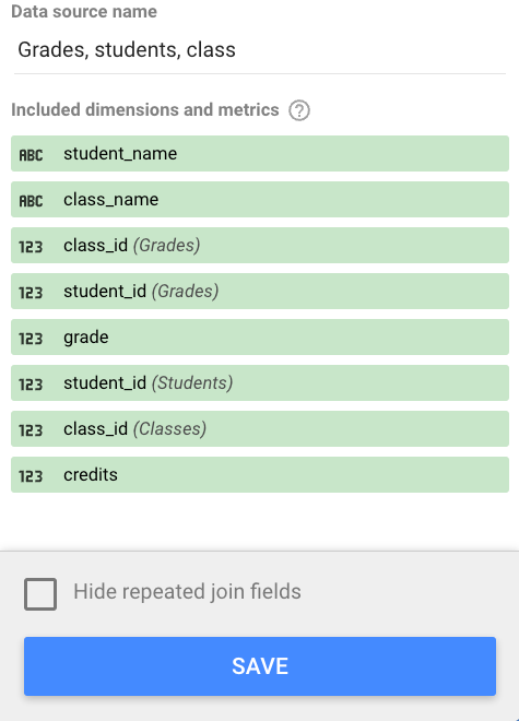 複数の student_id フィールドと複数の class_id フィールドを含む、grades、students、class テーブルの組み合わせ。