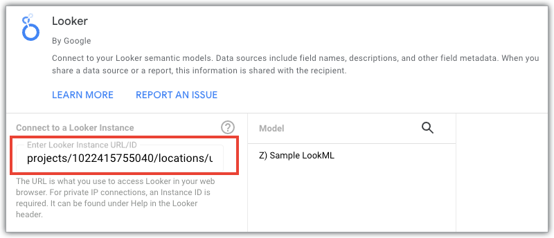 Es el campo de ID o URL de la instancia del conector de Looker.