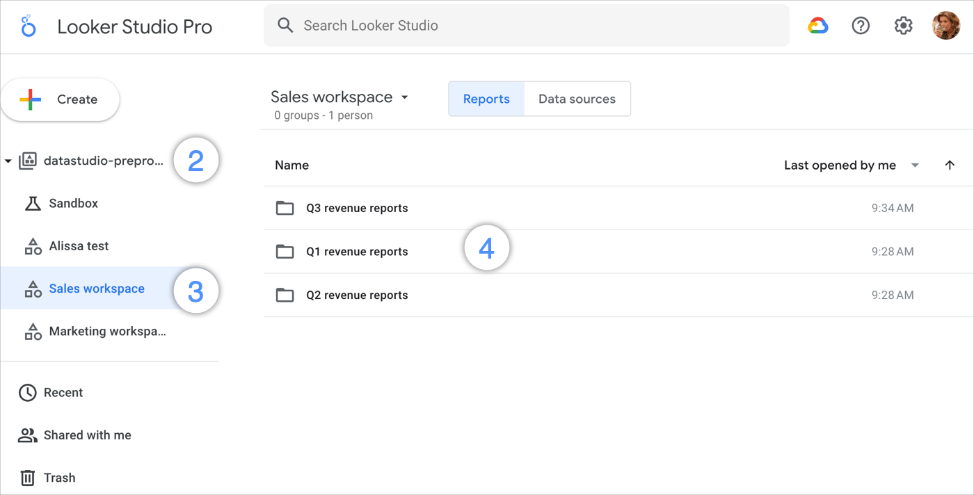 Pengguna memilih Ruang kerja penjualan di project datastudio-preprod-default untuk mengakses daftar folder yang disebut Q1 revenue reports (Laporan pendapatan K1), Q2 revenue reports (Laporan pendapatan K2), dan Q3 revenue reports (Laporan pendapatan K3).