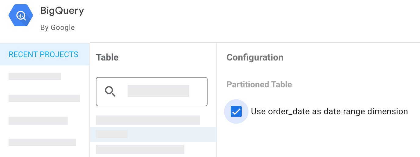 BigQuery 分区表的 Looker Studio 数据源配置。order_date 分区字段有一个复选框选项，用于将 order_date 用作日期范围维度。