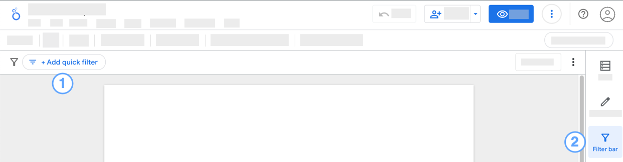 Interface de l&#39;éditeur Looker Studio, avec les boutons &quot;Ajouter un filtre rapide&quot; et &quot;Barre de filtre&quot; mis en évidence