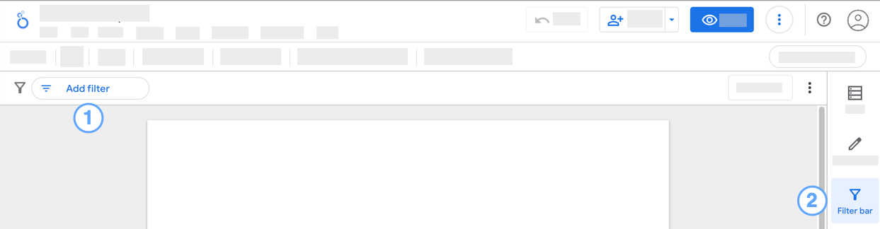 Interfaccia dell&#39;editor di Looker Studio, con i pulsanti Aggiungi filtro rapido e Barra dei filtri evidenziati.