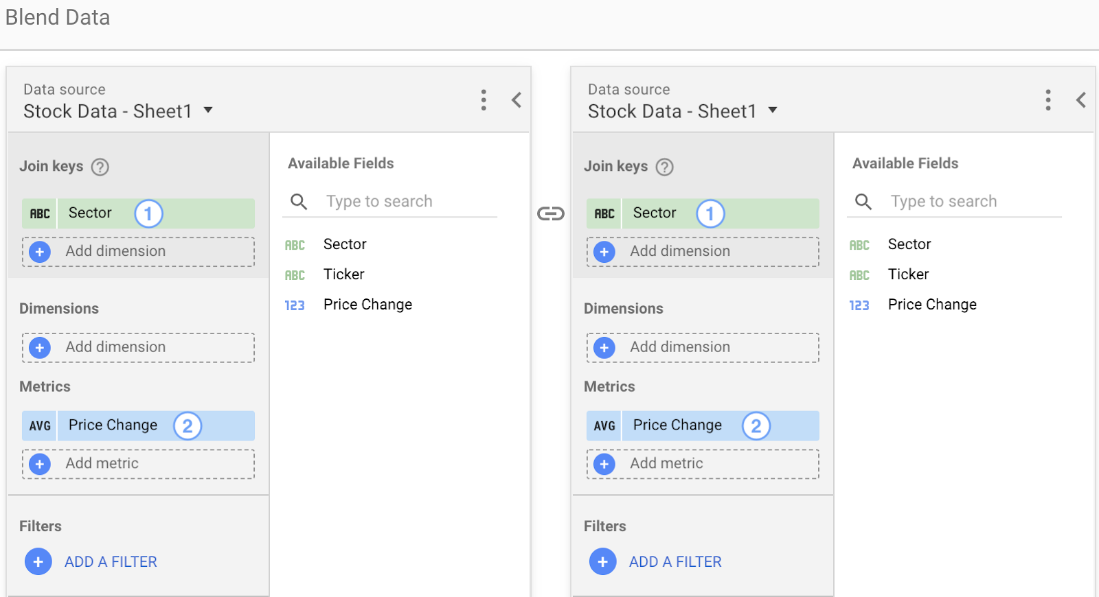 Panel Gabungkan Data dengan sumber Data Saham - Sheet1 yang digabungkan dengan dirinya sendiri menggunakan Sektor sebagai kunci join dan Perubahan Harga sebagai metrik yang dipilih.