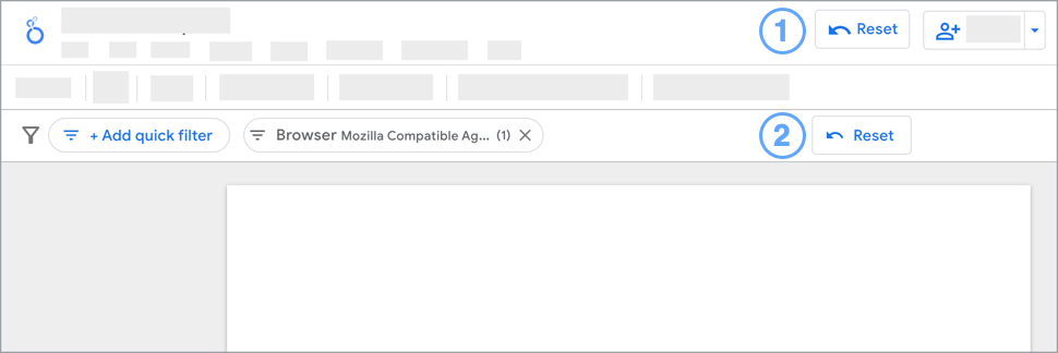 Looker Studio エディタのインターフェース: レポート単位の [リセット] ボタンとフィルタバーの [リセット] ボタンが示されている。