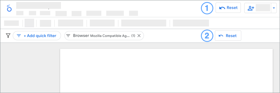 Interface do editor do Looker Studio com os botões &quot;Redefinir&quot; no nível do relatório e &quot;Barra de filtro&quot; destacados.
