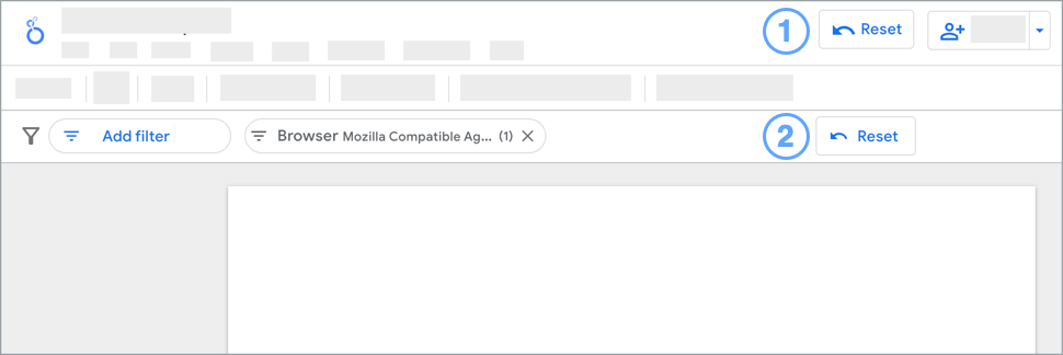 Interface do editor do Looker Studio com os botões &quot;Redefinir&quot; no nível do relatório e &quot;Barra de filtro&quot; destacados.
