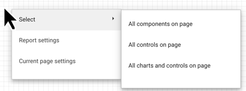 The canvas Select menu includes the options All components on page, All controls on page, and All charts and controls on page.