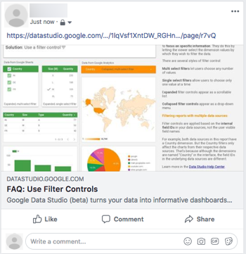 Facebook 貼文顯示 Looker Studio 報表的連結，報表名稱為「常見問題：使用篩選器控制項」，內含報表圖表和文字的縮圖。
