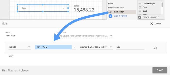 Un champ calculé appelé &quot;Filtre d&#39;élément&quot; avec la logique Supérieur ou égal à 500 est sélectionné en tant que filtre de commande de filtrage.